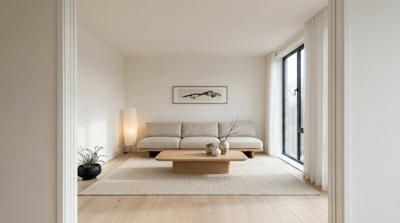 The same living room designed in a japandi style