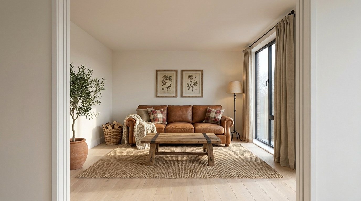 The same living room designed in a rustic style